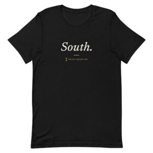 Black unisex t-shirt printed "South" with The Sip Collective microphone logo