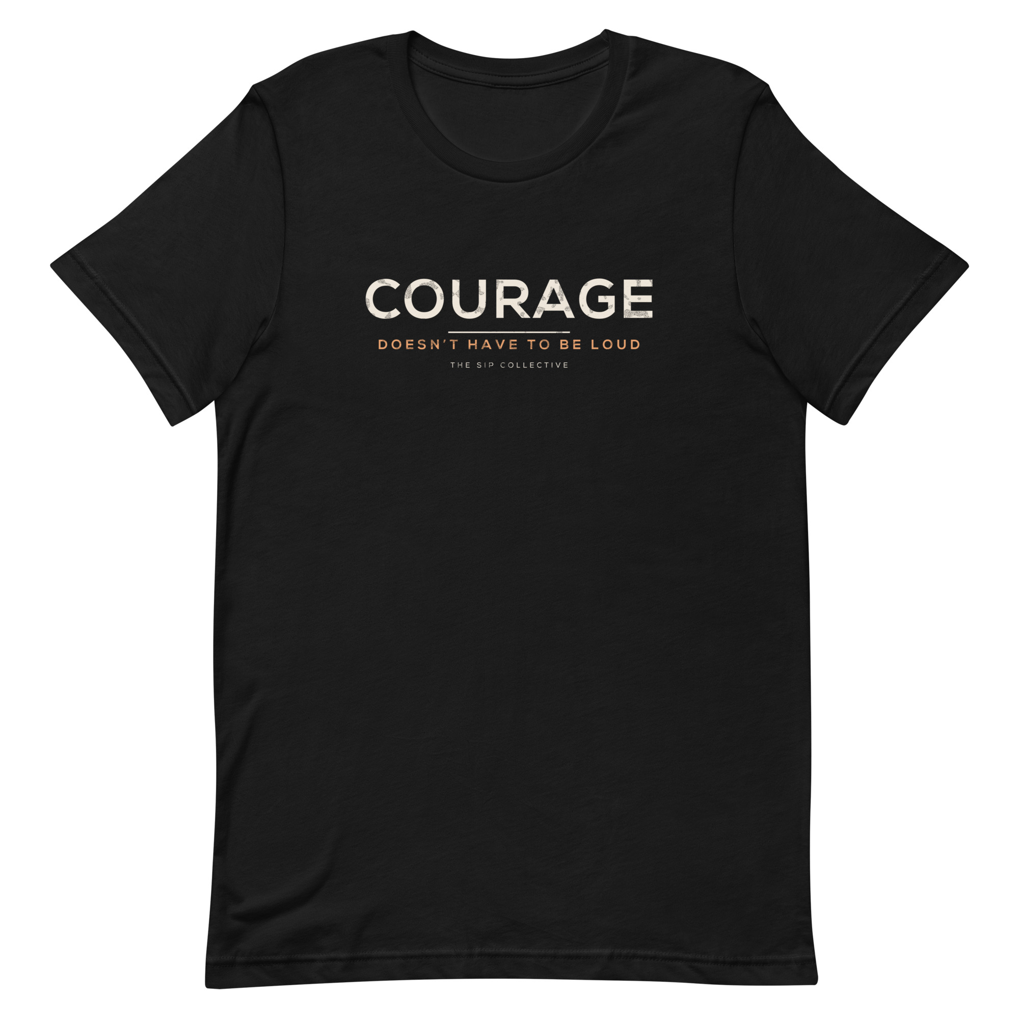 Black unisex t-shirt printed "Courage" in The Sip Collective brand colors