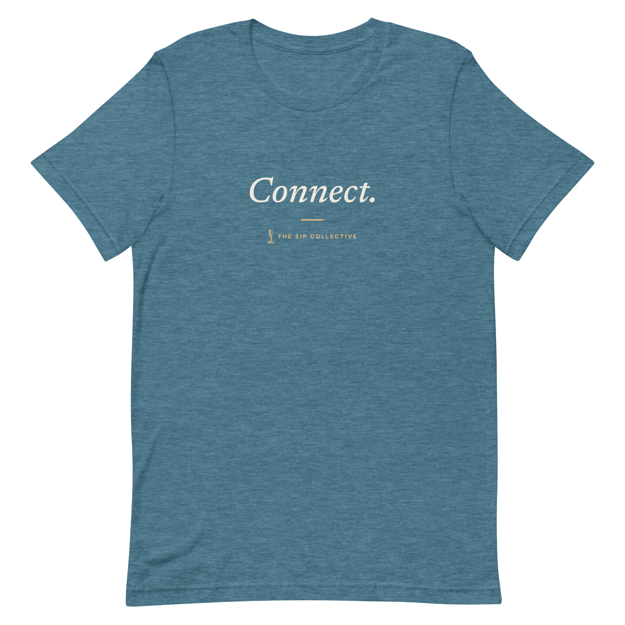 Heather deep teal unisex t-shirt printed "Connect" with The Sip Collective microphone logo