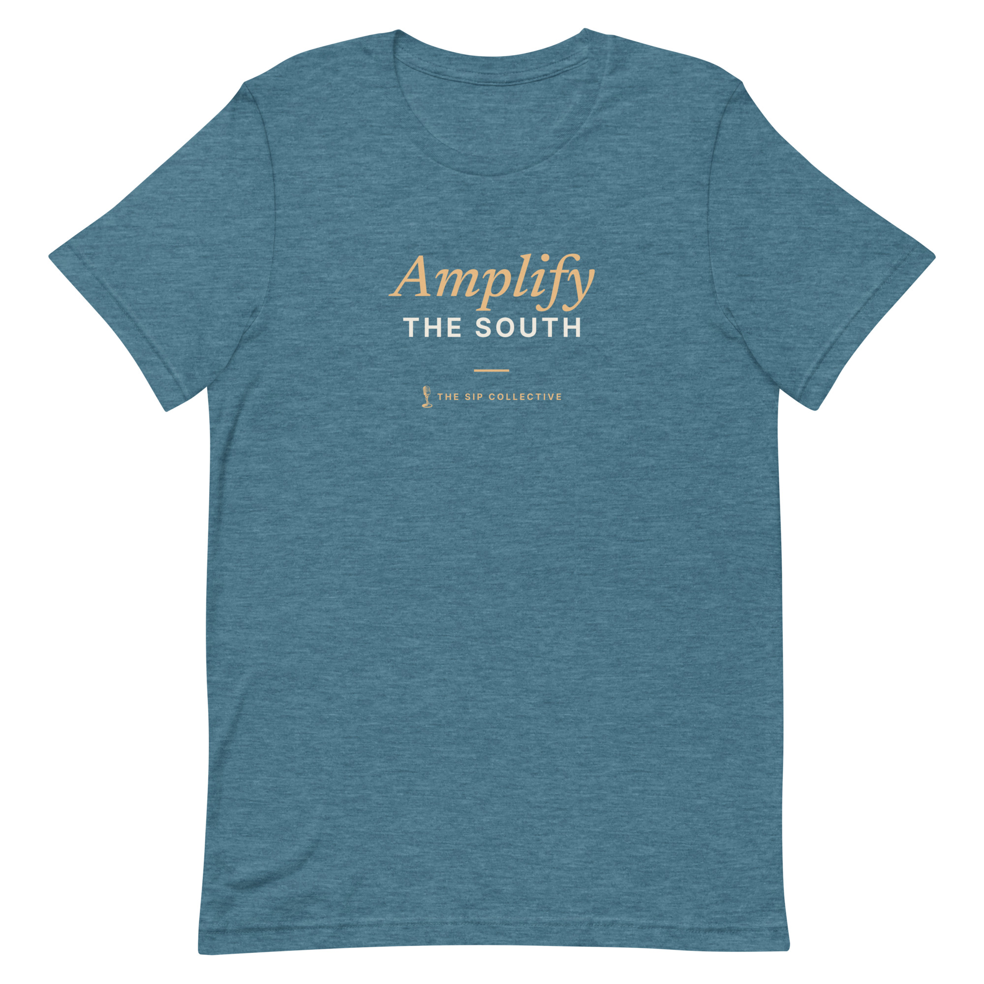Heather deep teal unisex t-shirt printed "Amplify the South" with The Sip Collective microphone logo