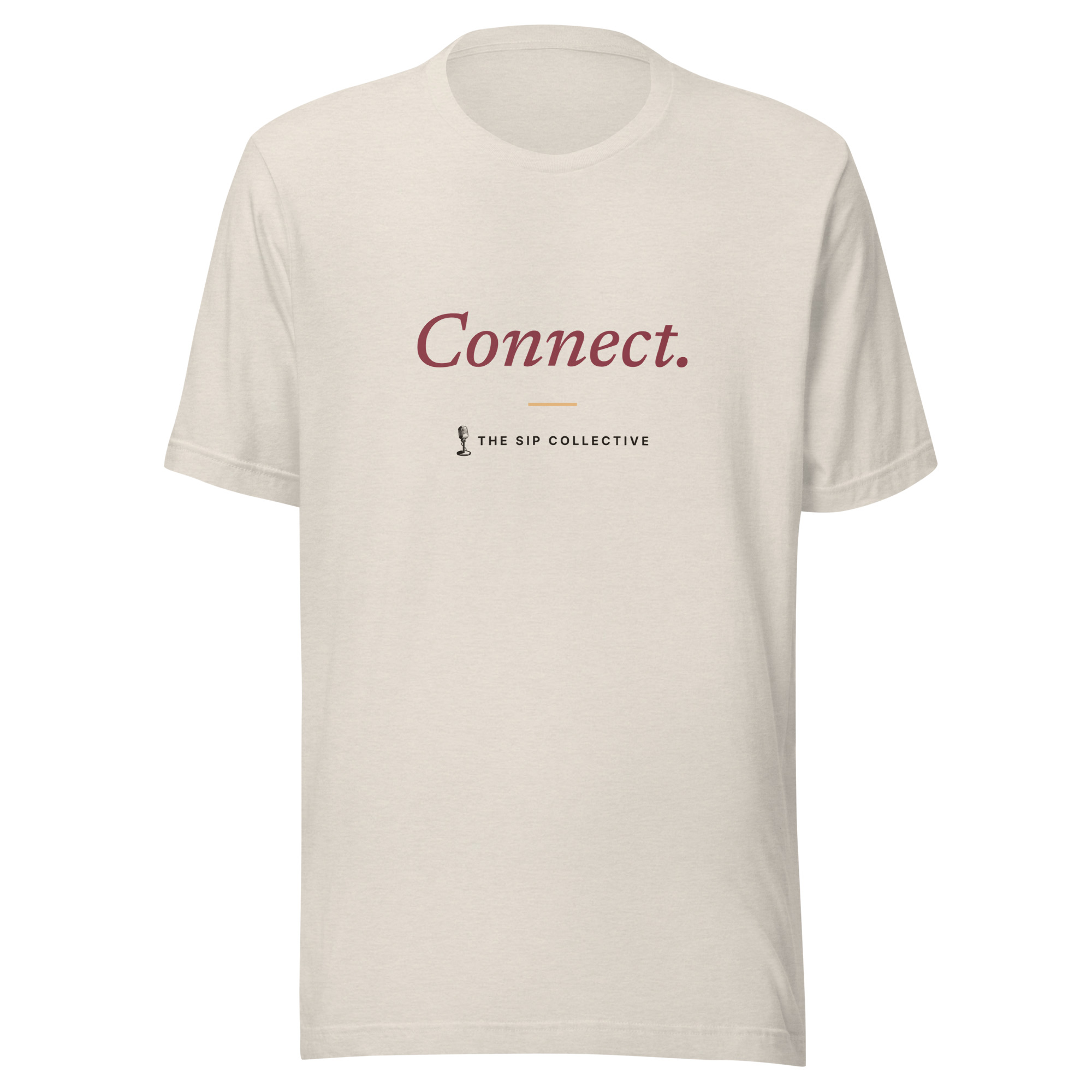 Heather dust unisex t-shirt printed "Connect" with The Sip Collective microphone logo