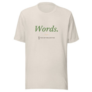 Heather dust unisex t-shirt printed "Words" with The Sip Collective microphone logo