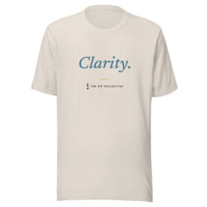 Heather dust unisex t-shirt printed "Clarity" with The Sip Collective microphone logo