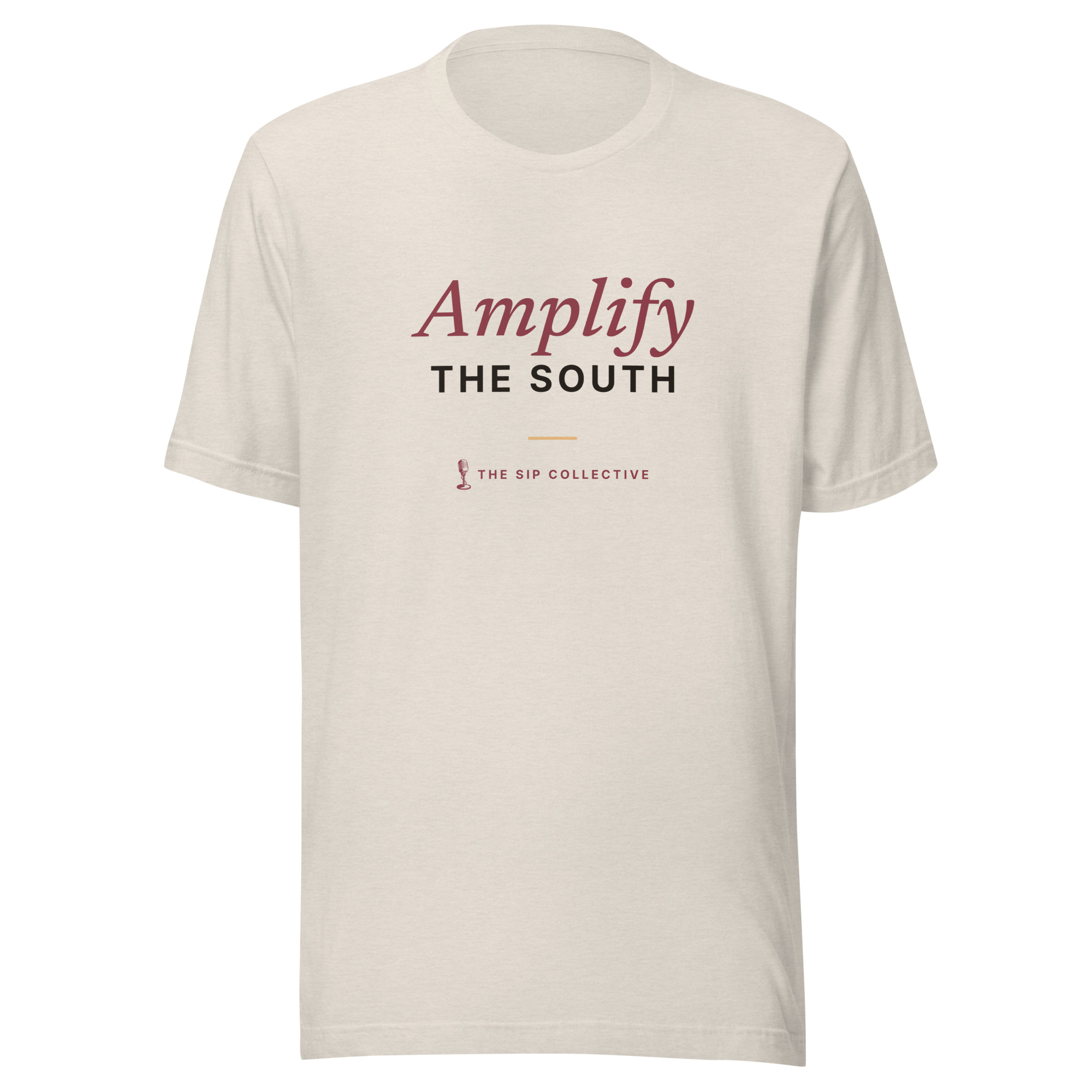 Heather dust unisex t-shirt printed "Amplify the South" with The Sip Collective microphone logo