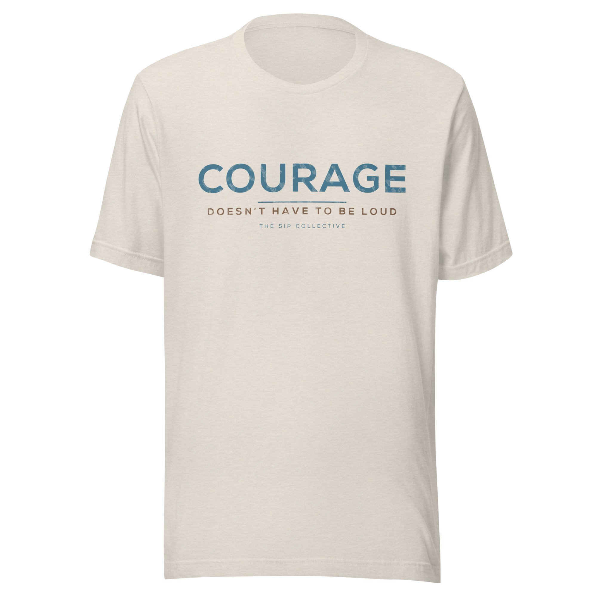 Heather dust unisex t-shirt printed "Courage" in The Sip Collective brand colors
