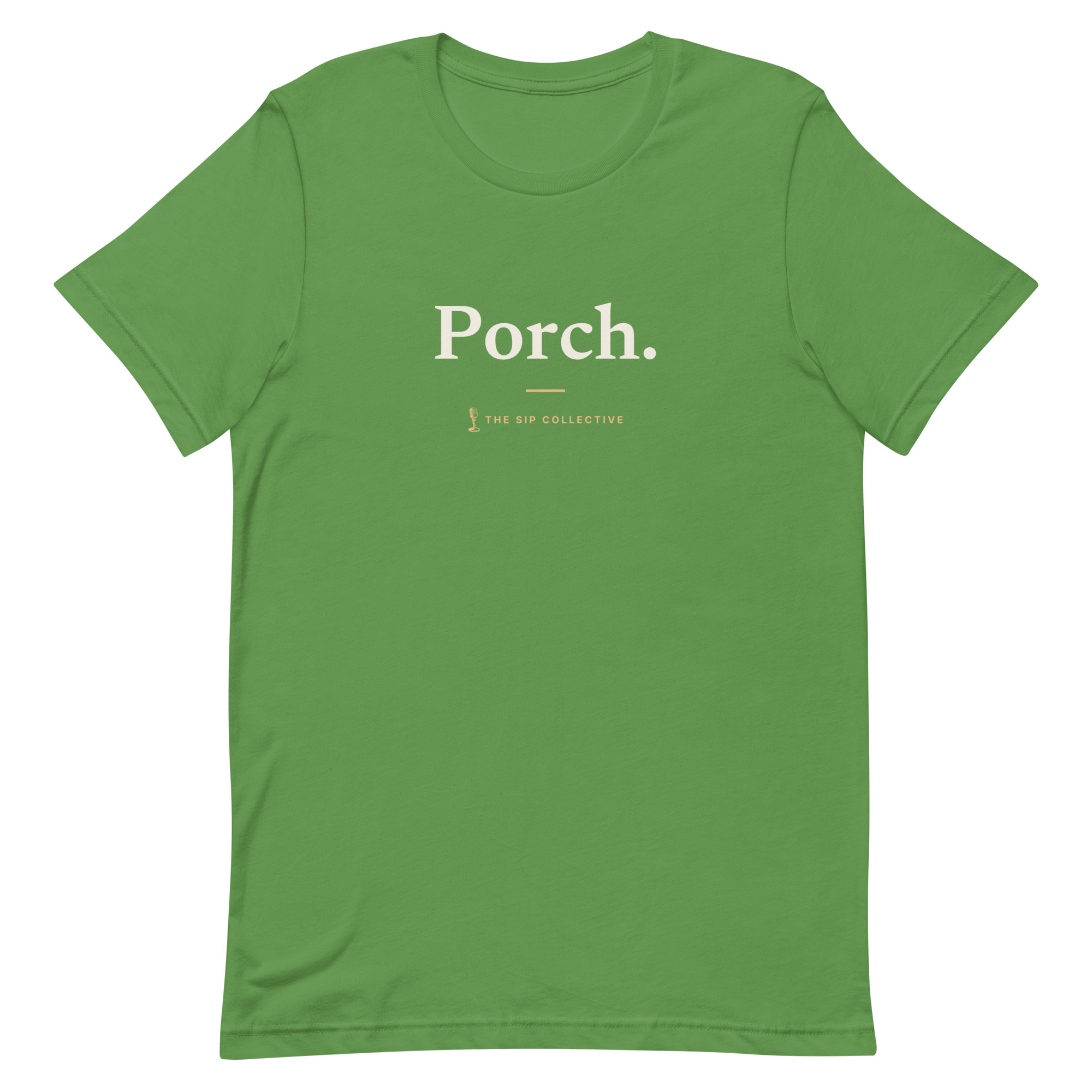 Leaf green unisex t-shirt printed "Porch" with The Sip Collective microphone logo