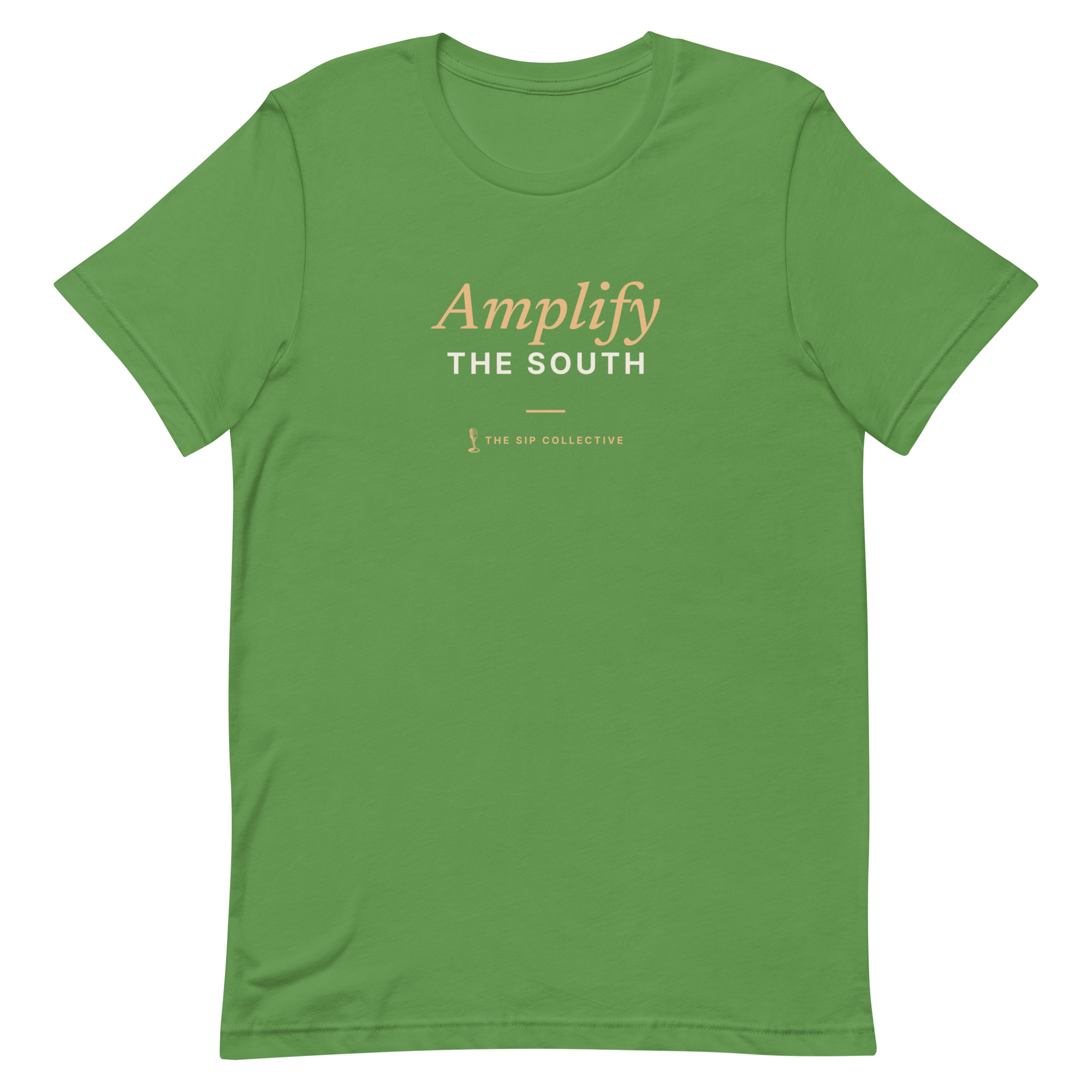 Leaf green unisex t-shirt printed "Amplify the South" with The Sip Collective microphone logo