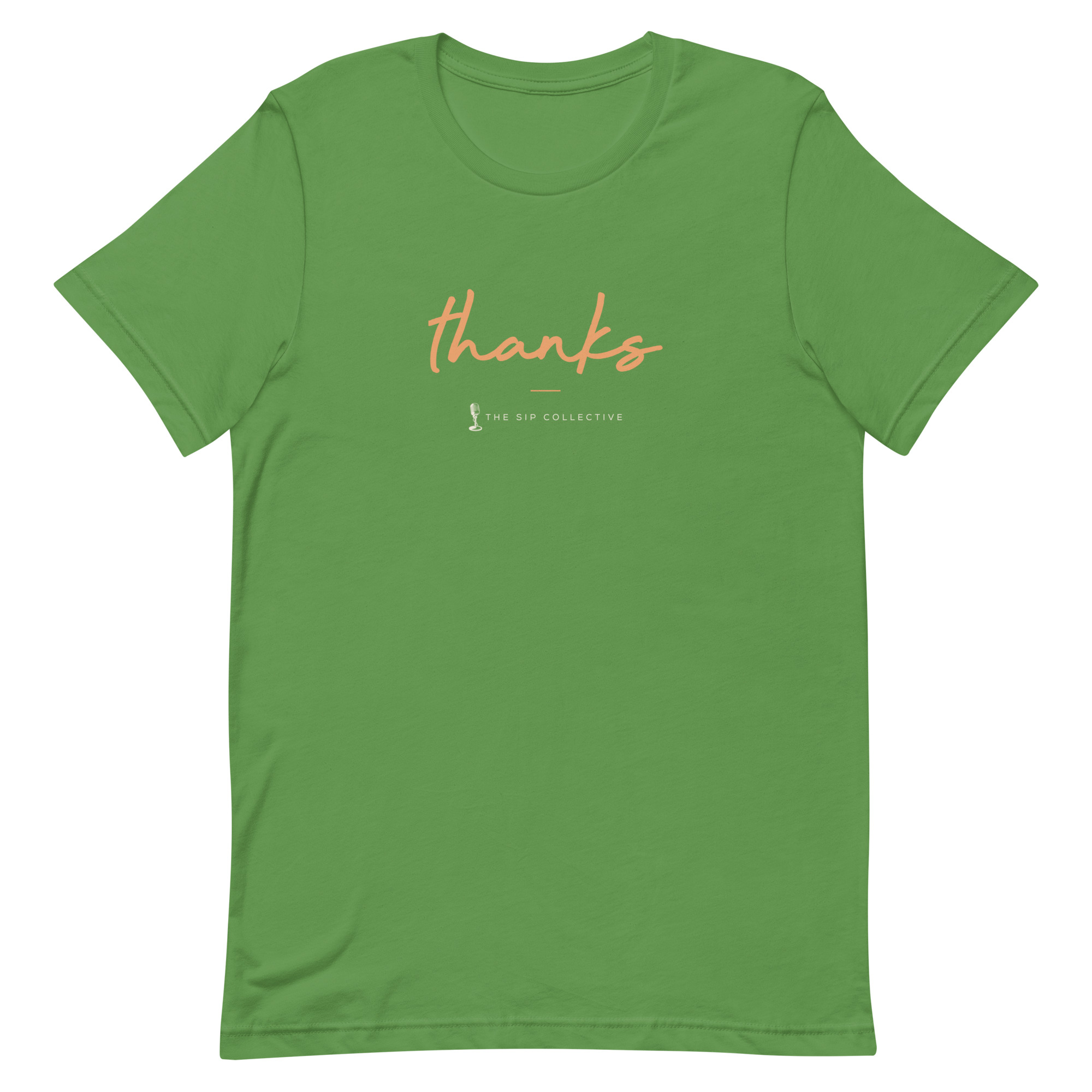 Leaf green unisex t-shirt printed "Thanks" in The Sip Collective brand colors