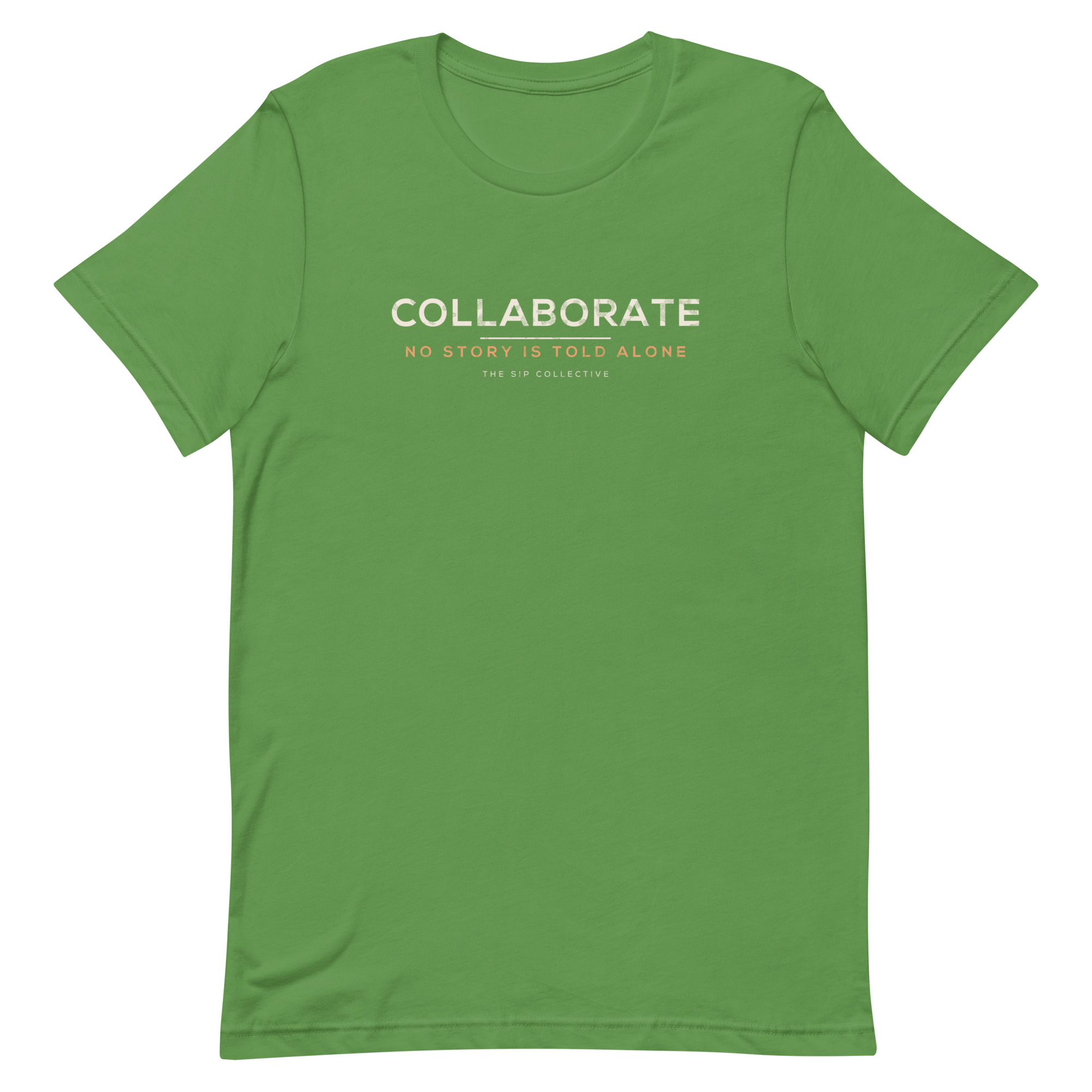 Leaf green unisex t-shirt printed "Collaborate" in The Sip Collective brand colors