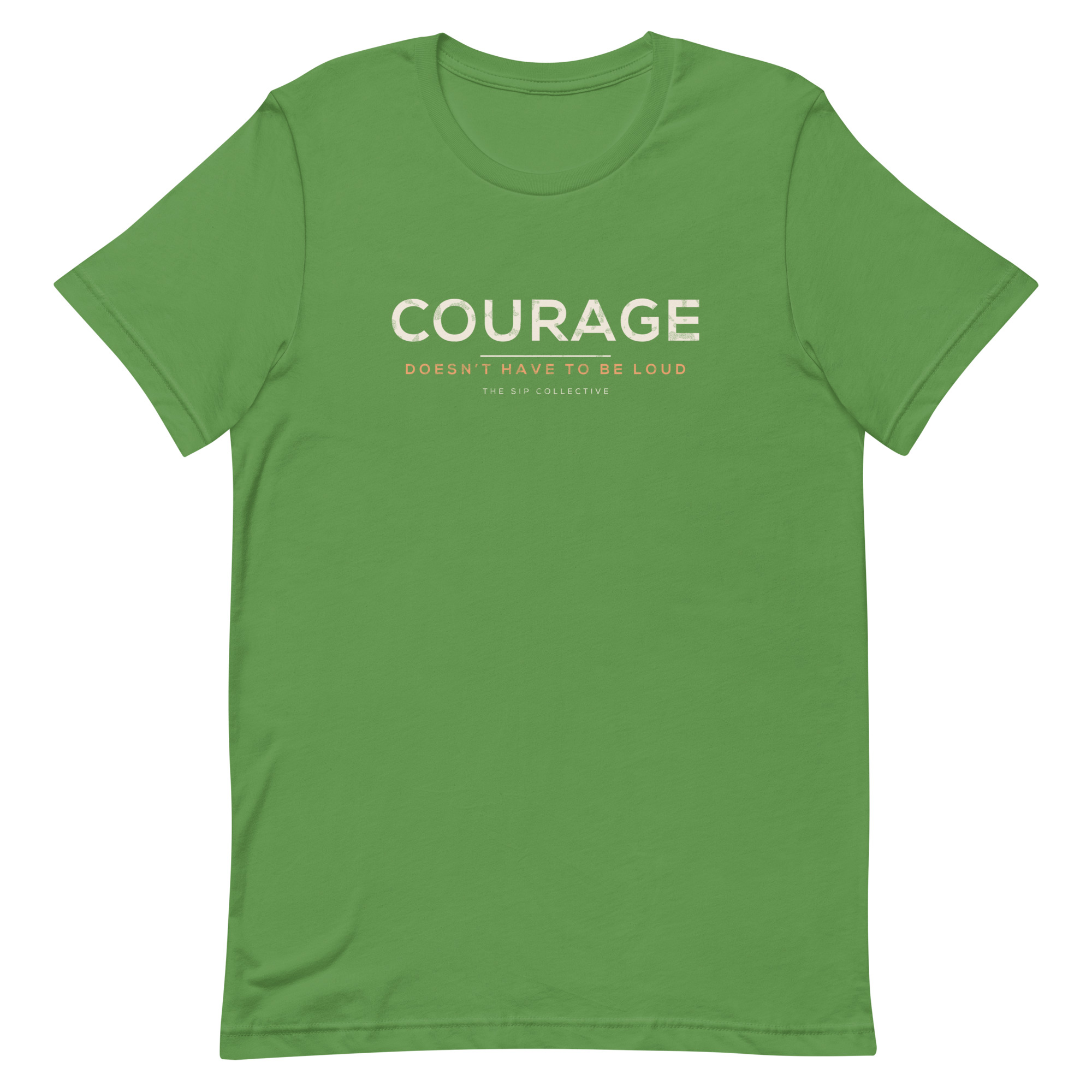 Leaf green unisex t-shirt printed "Courage" in The Sip Collective brand colors