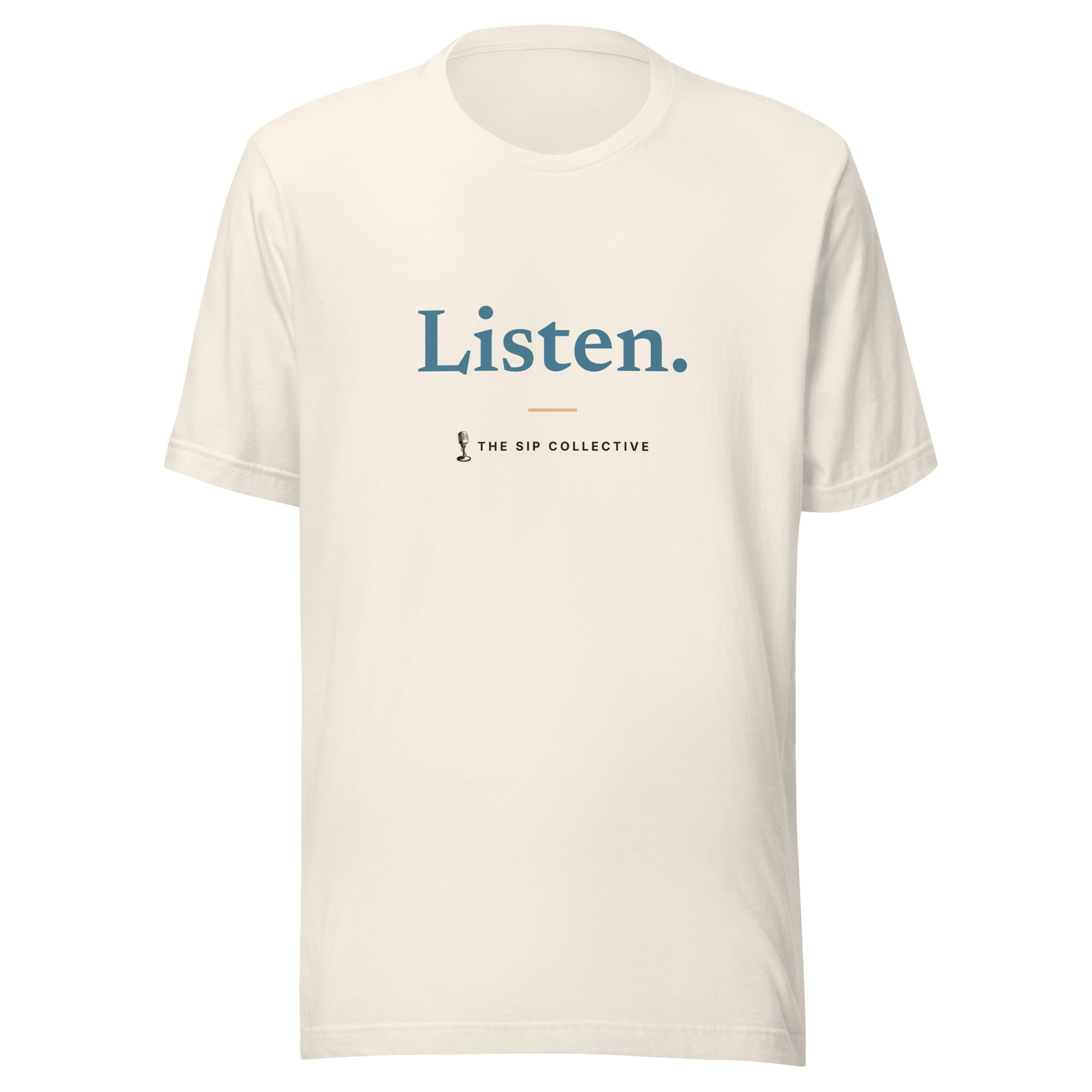 Vintage white unisex t-shirt printed "Listen" with The Sip Collective microphone logo