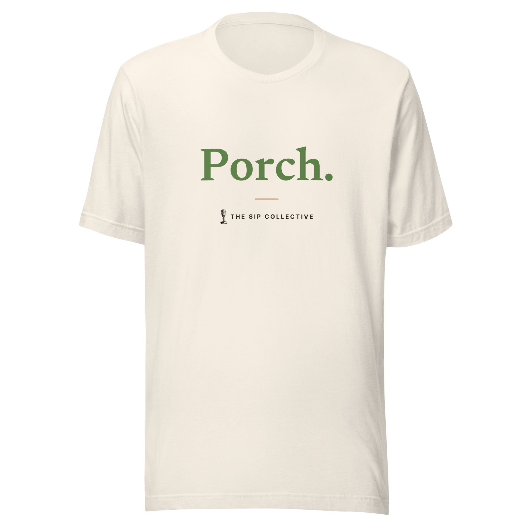 Vintage white unisex t-shirt printed "Porch" with The Sip Collective microphone logo