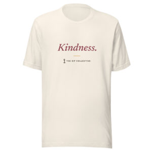 Vintage white unisex t-shirt printed "Kindness" with The Sip Collective microphone logo