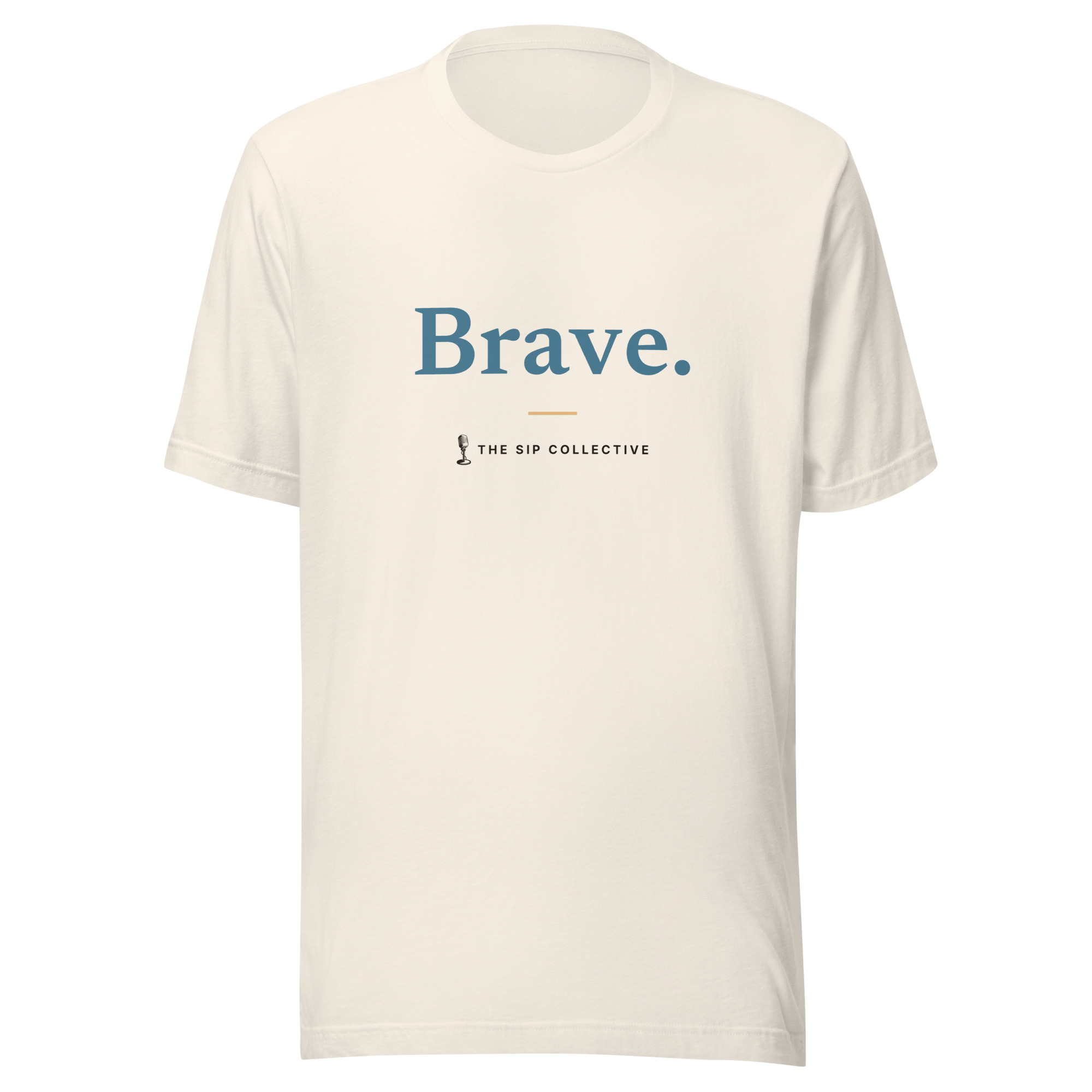 Vintage white unisex t-shirt printed "Brave" with The Sip Collective microphone logo