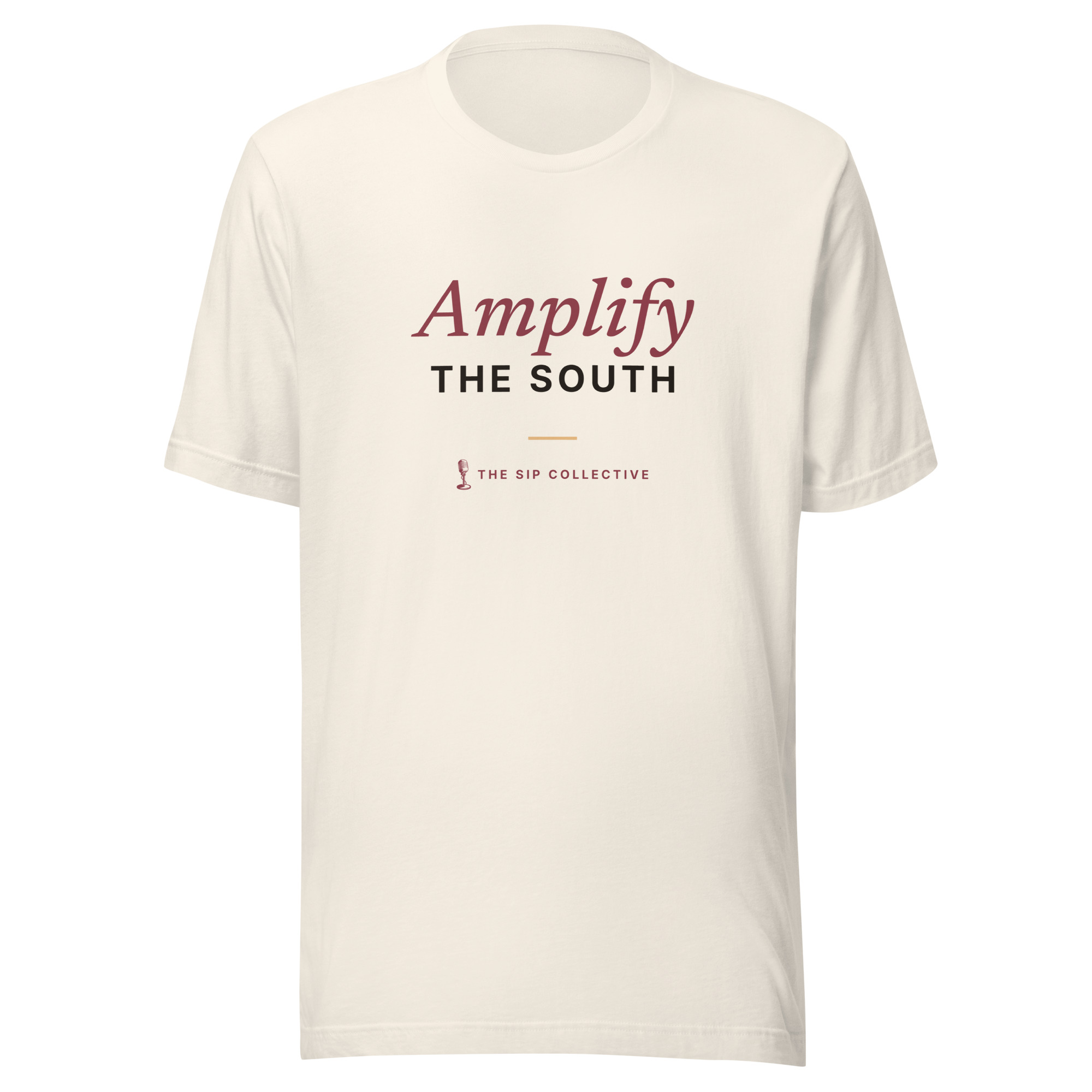 Vintage white unisex t-shirt printed "Amplify the South" with The Sip Collective microphone logo