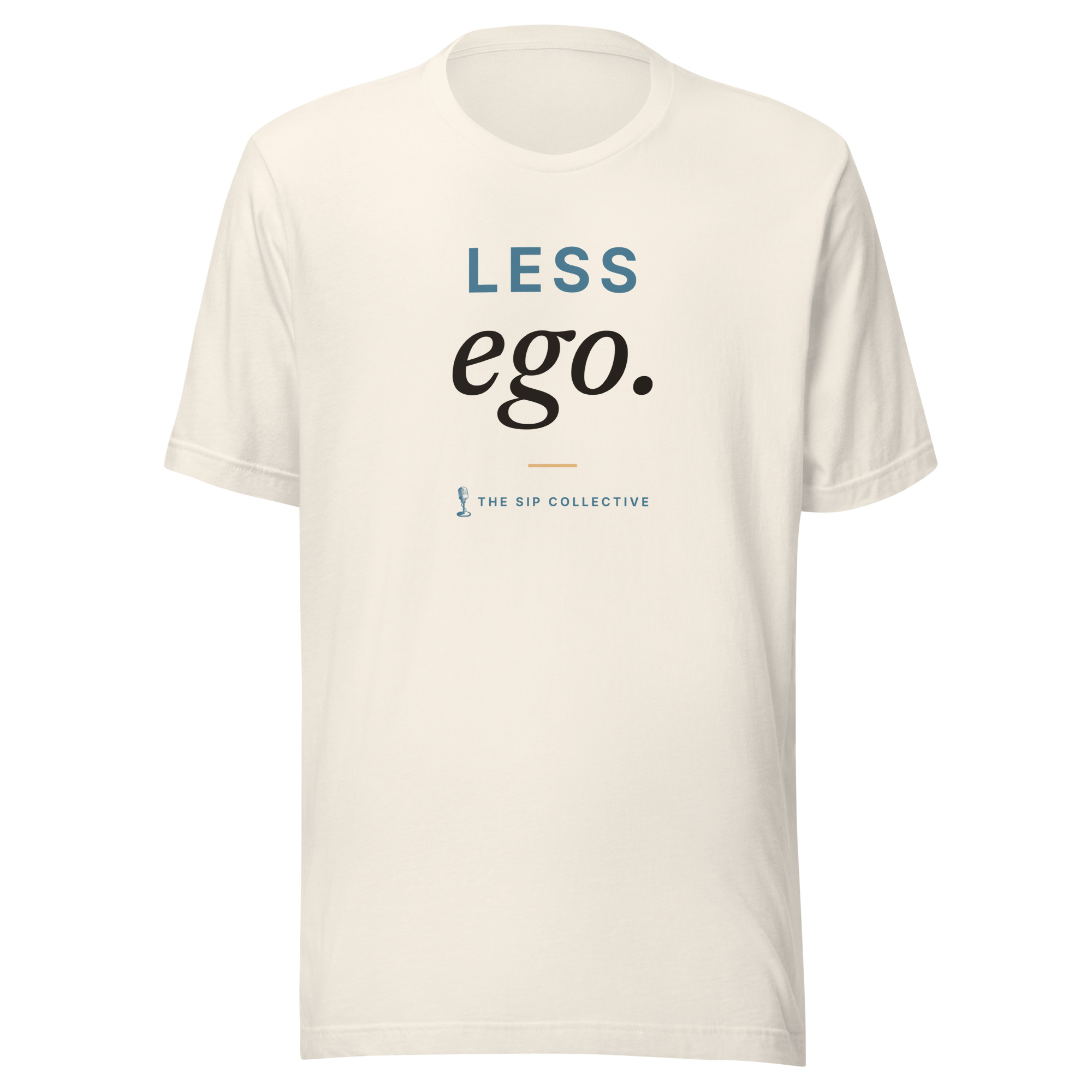 Vintage white unisex t-shirt printed "Less ego" with The Sip Collective microphone logo