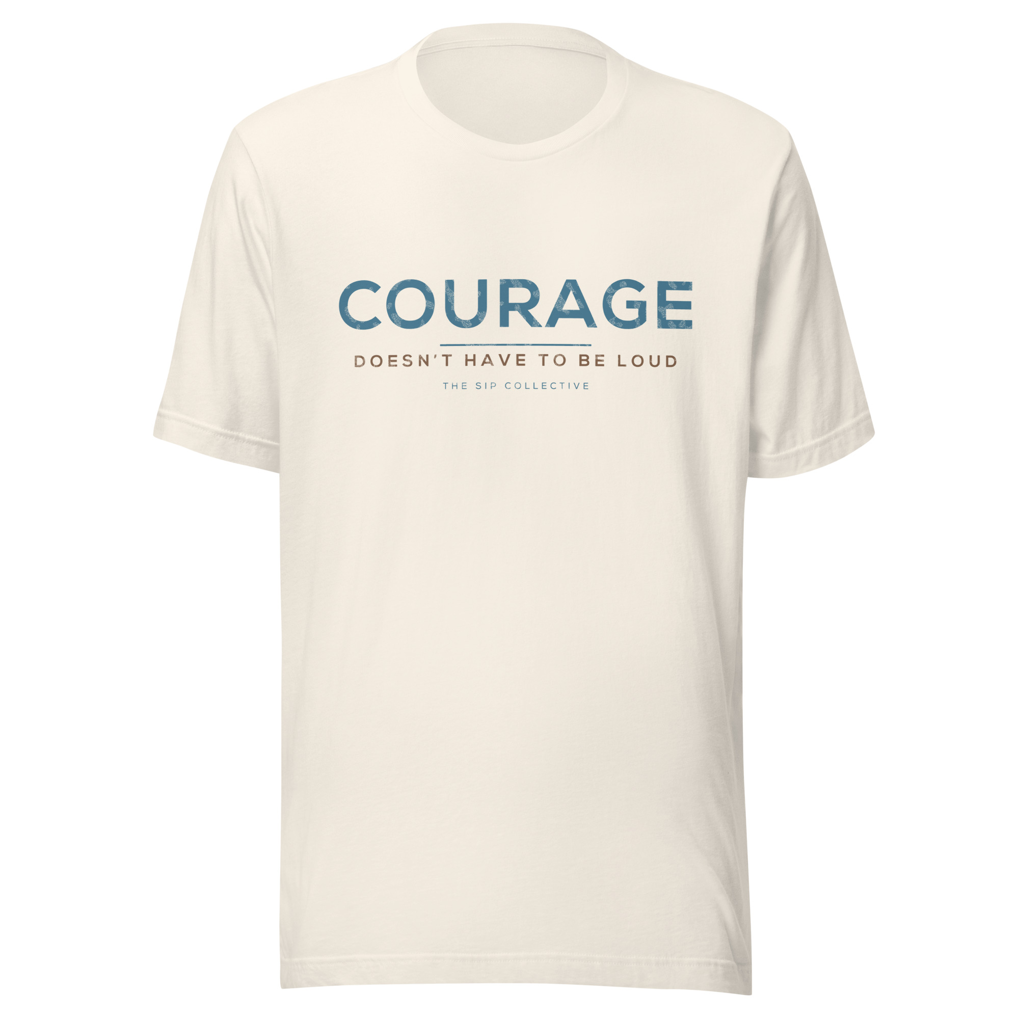 Vintage white unisex t-shirt printed "Courage" in The Sip Collective brand colors