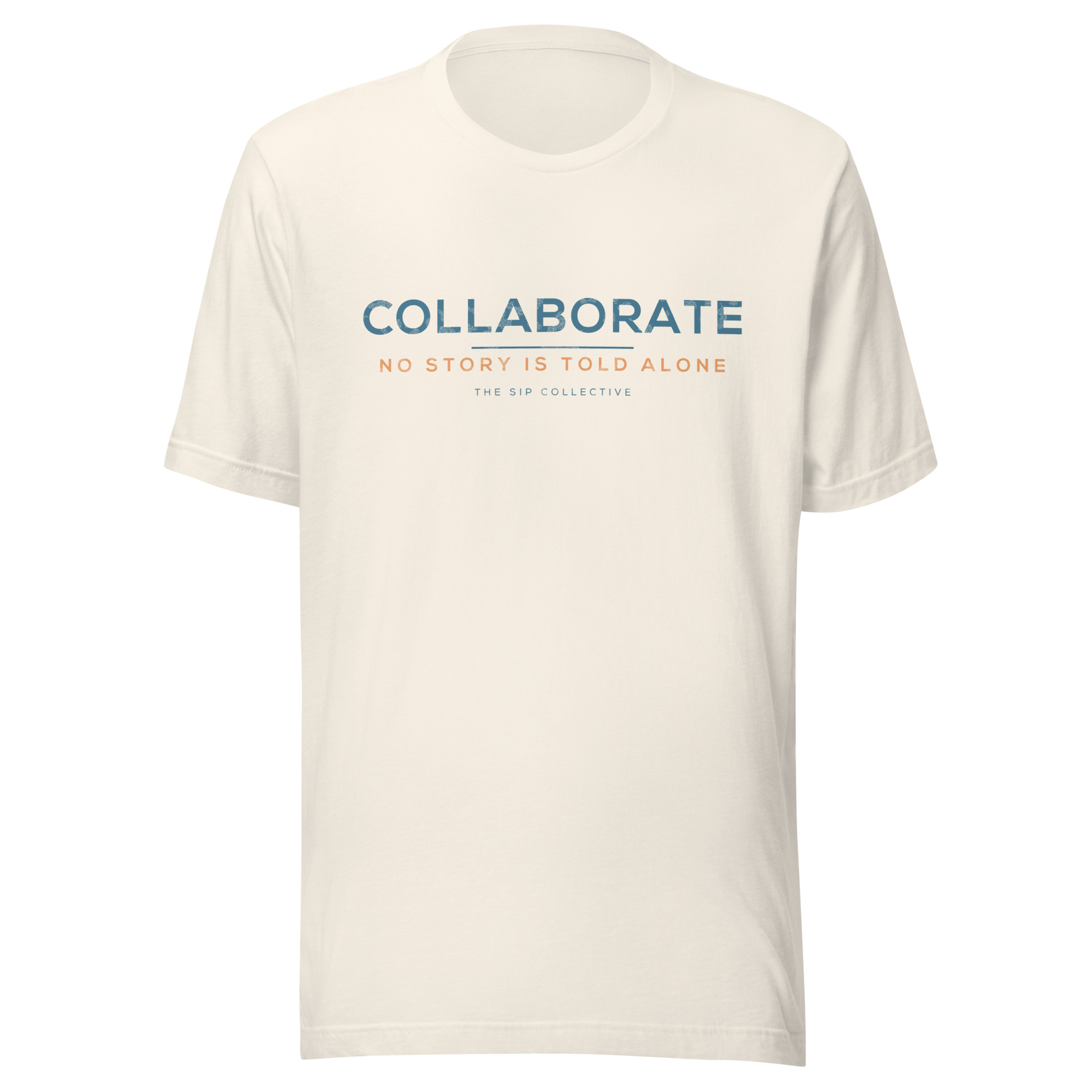 Vintage white unisex t-shirt printed "Collaborate" in The Sip Collective brand colors