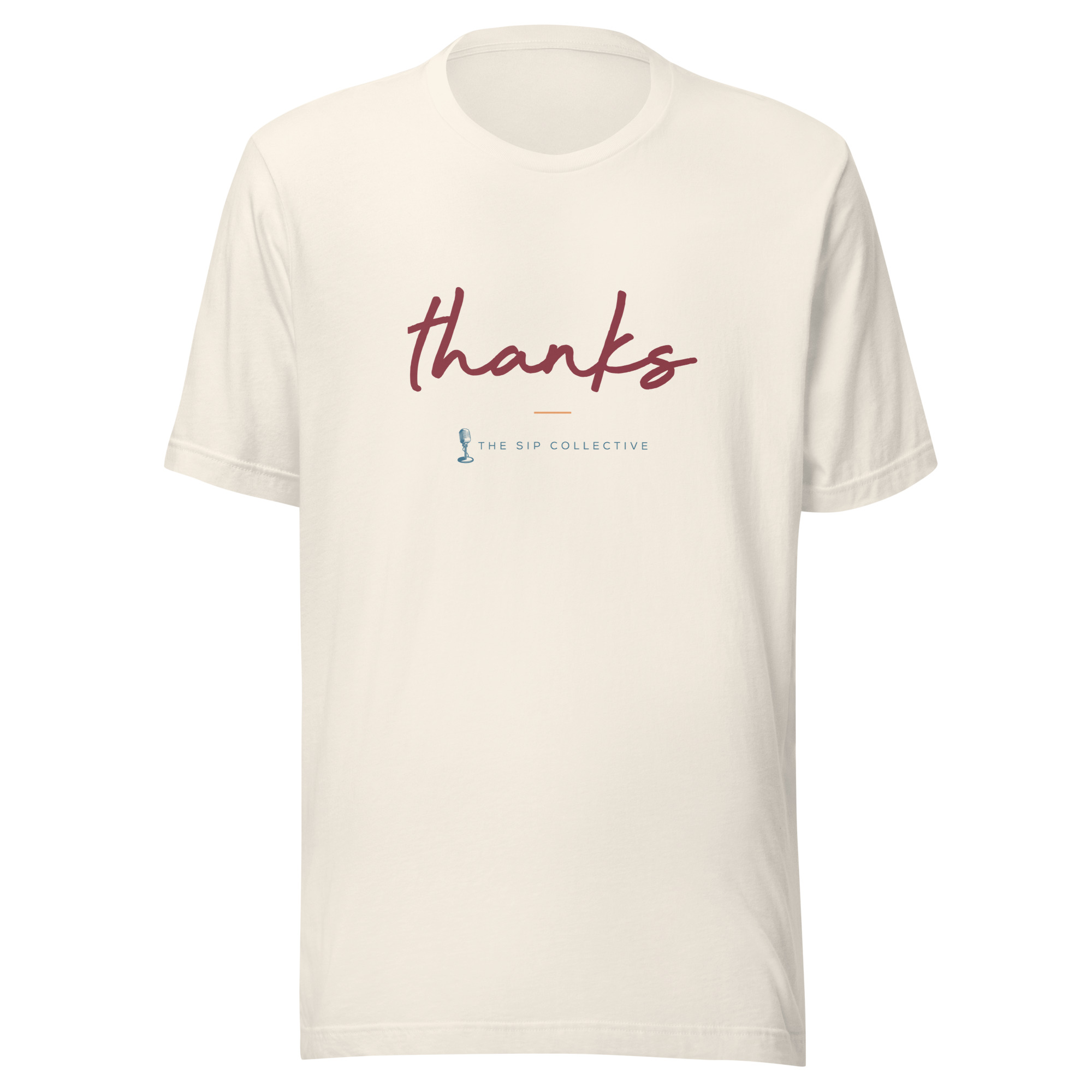 Vintage white unisex t-shirt printed "Thanks" in The Sip Collective brand colors